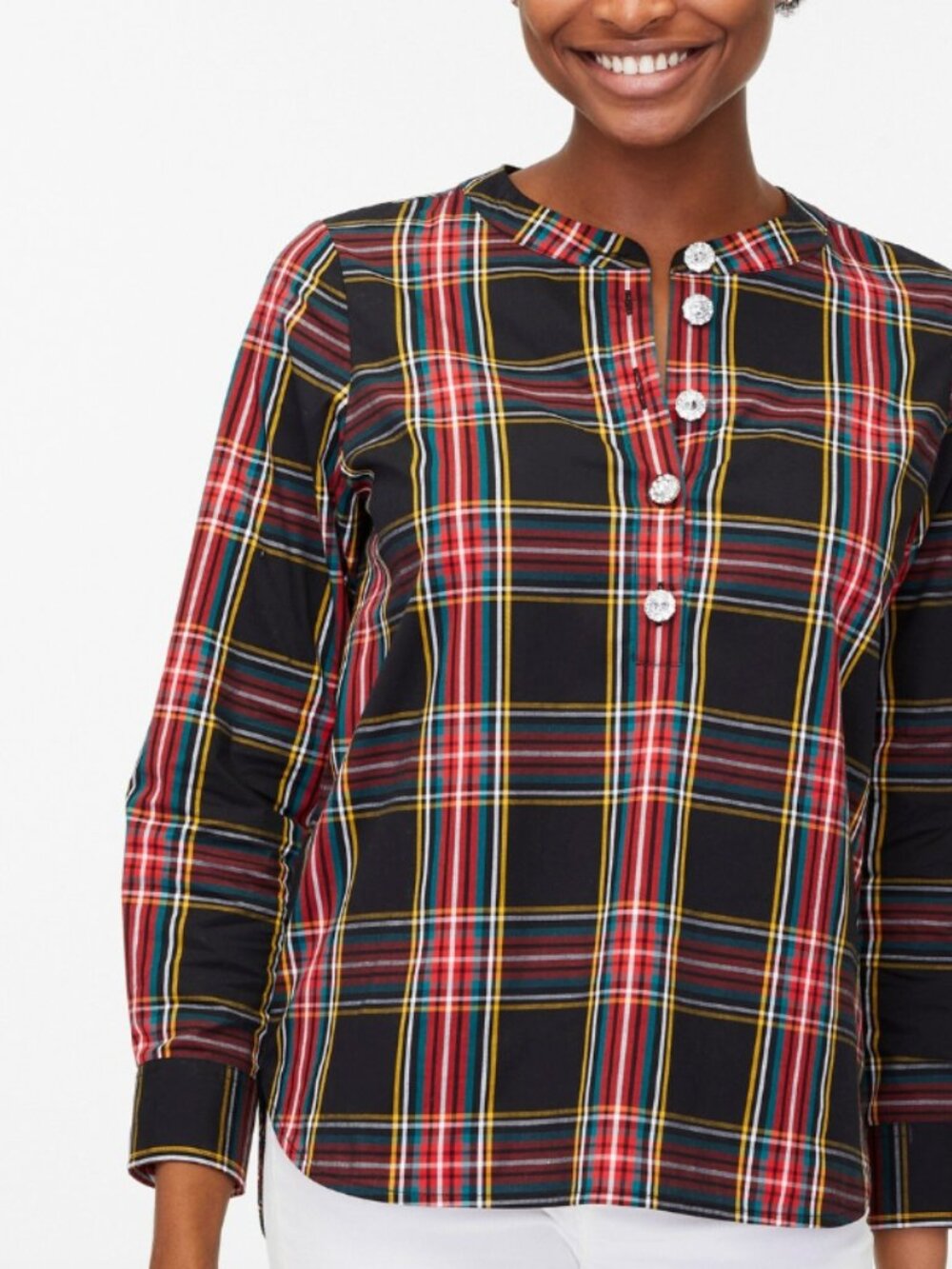 J. Crew Tartan Cotton Poplin Top with Jewel Buttons Holiday Festive Preppy Sz L